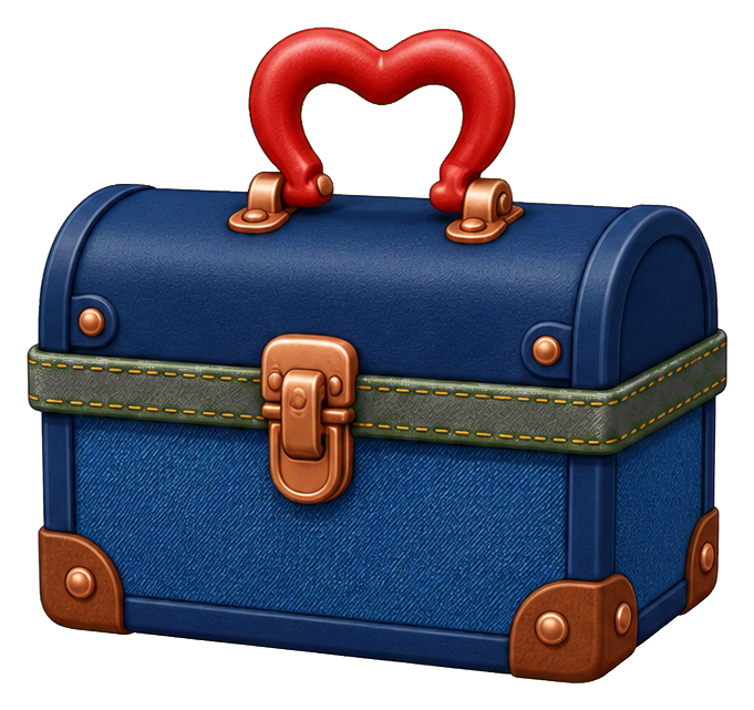 Blue toolbox with a red heart-shaped handle and brown latch