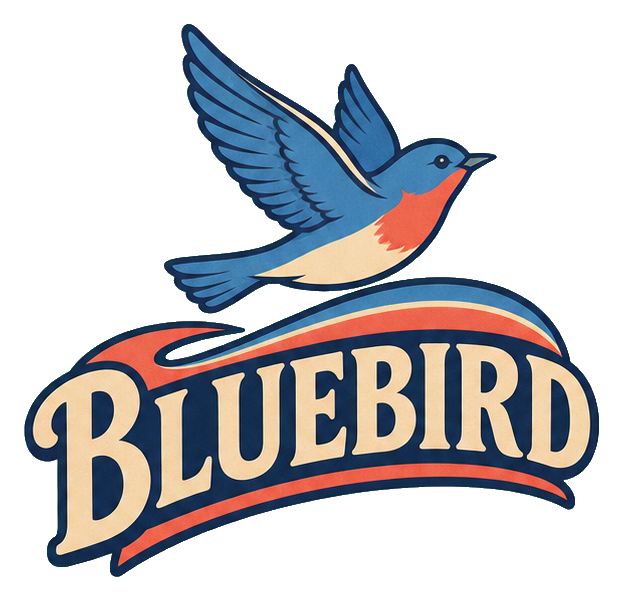 Blue bird flying above retro Bluebird Cafe text graphic