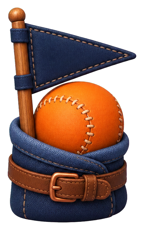 Orange sports ball with a denim pennant flag and wrapped pouch