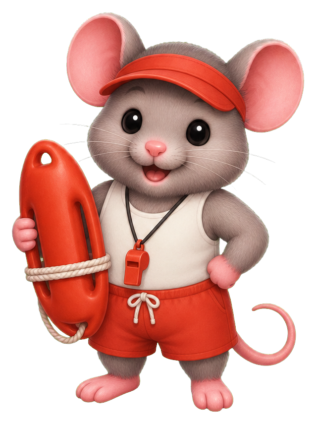Cartoon mouse wearing a red lifeguard outfit and holding a rescue float.