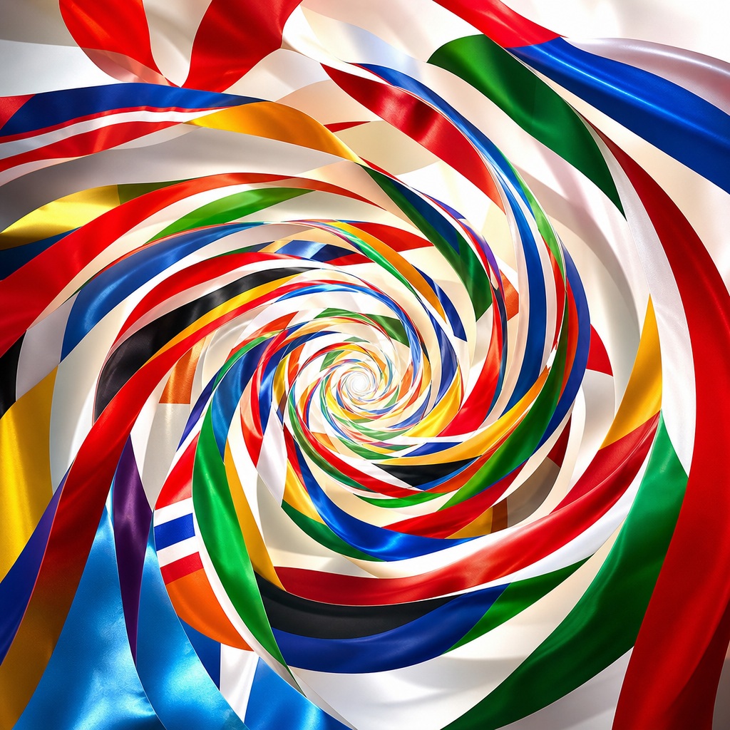 Colorful ribbon-like flags spiral inward over a white background.
