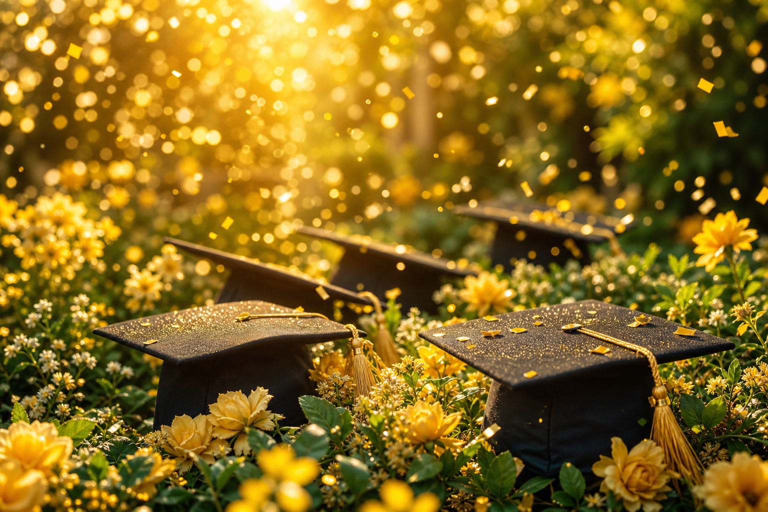 Graduation caps among yellow flowers with glowing gold bokeh lights