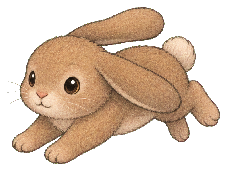 Cute lop rabbit hopping forward with soft brown fur and floppy ears.