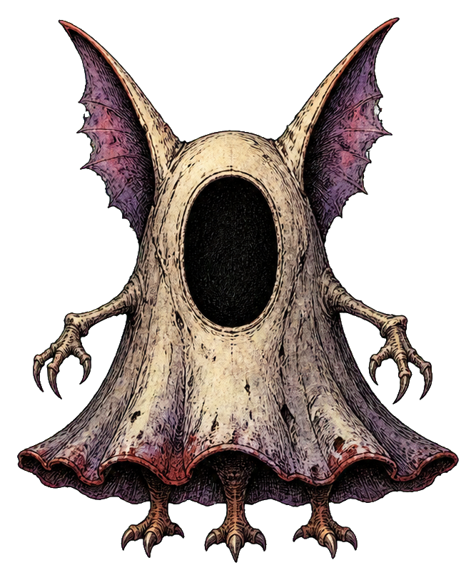 A hooded skeletal creature with hollow face, bat-like wings, and clawed feet