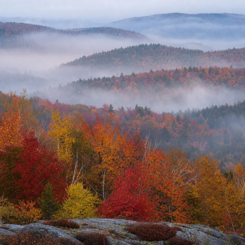 Misty autumn hills with colorful maple trees and fog in the distance