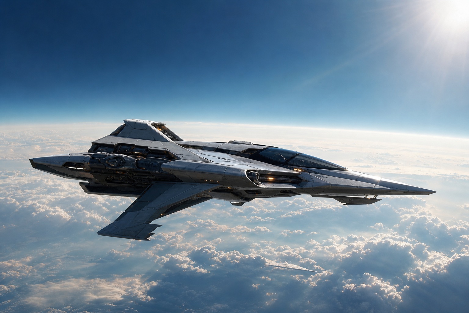 A sleek futuristic spacecraft flying above clouds with sunlight on the horizon.