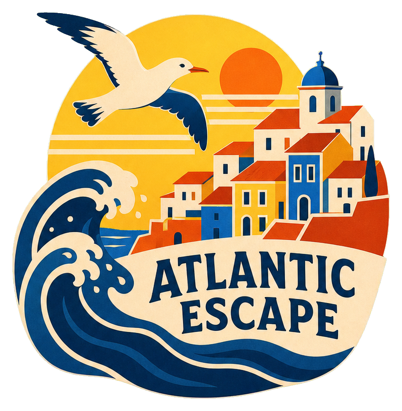 Retro Atlantic Escape sticker with waves, seagull, sun, and Lisbon-style buildings