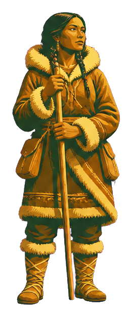 Full-body prehistoric traveler in a fur-lined coat holding a staff.