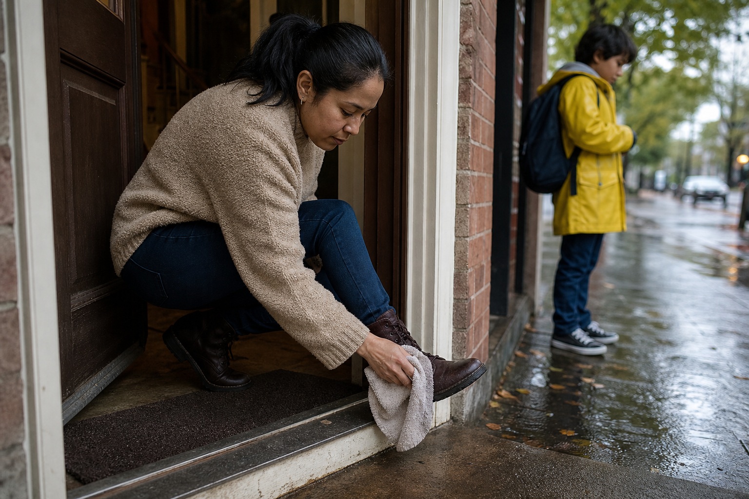 Person wiping a shoe in a doorway beside a rainy sidewalk and wet street.