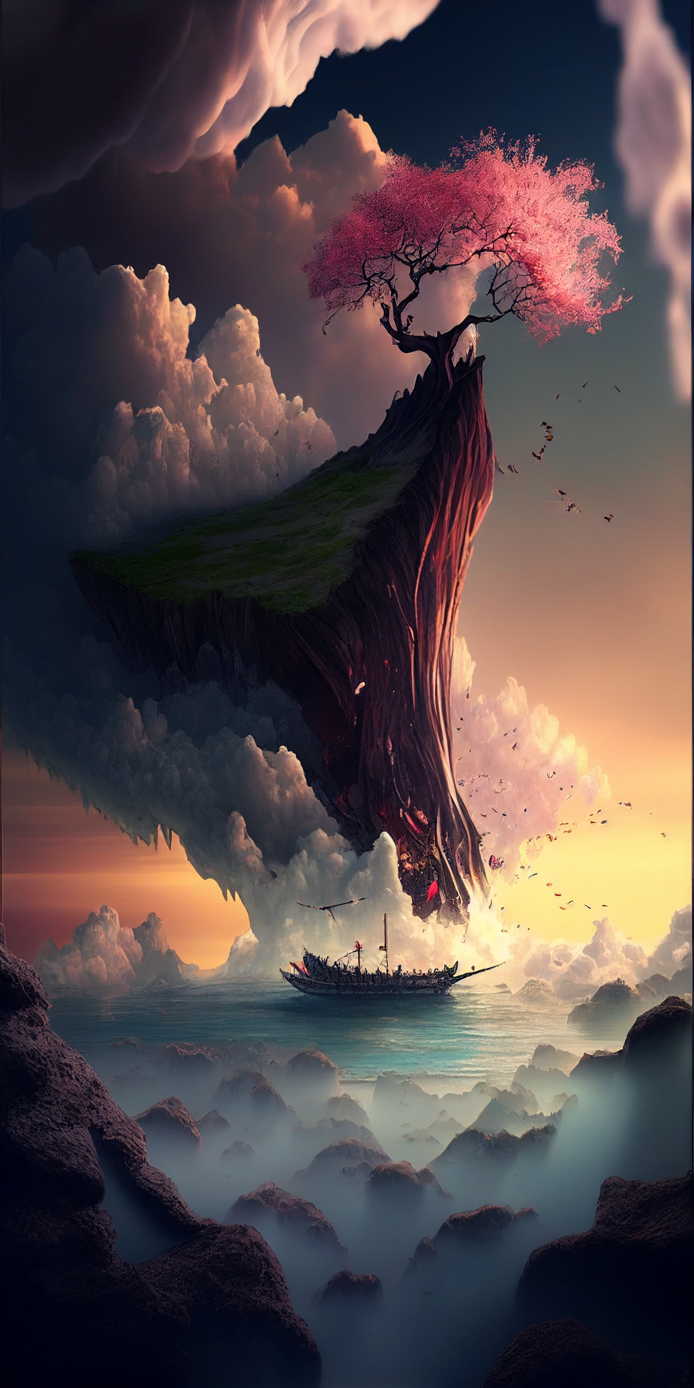 Preview for Floating-island-pink-tree-art-ai-phone-background-19154