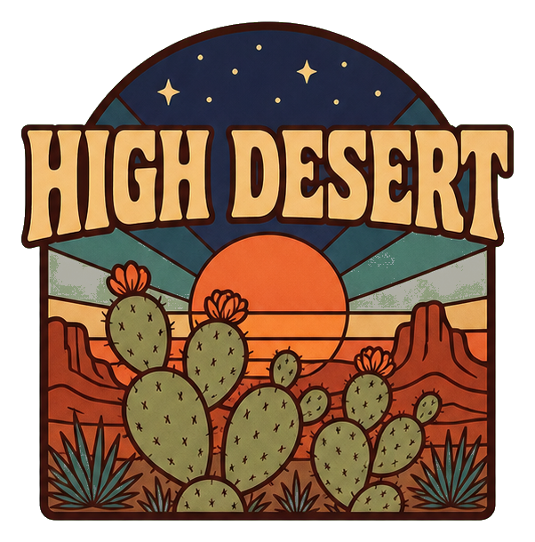 Retro High Desert text sticker with cactus and sunset over a desert landscape
