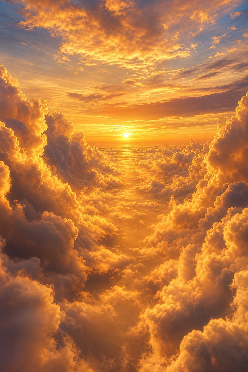 Golden sunset light shining through a corridor of tall glowing clouds