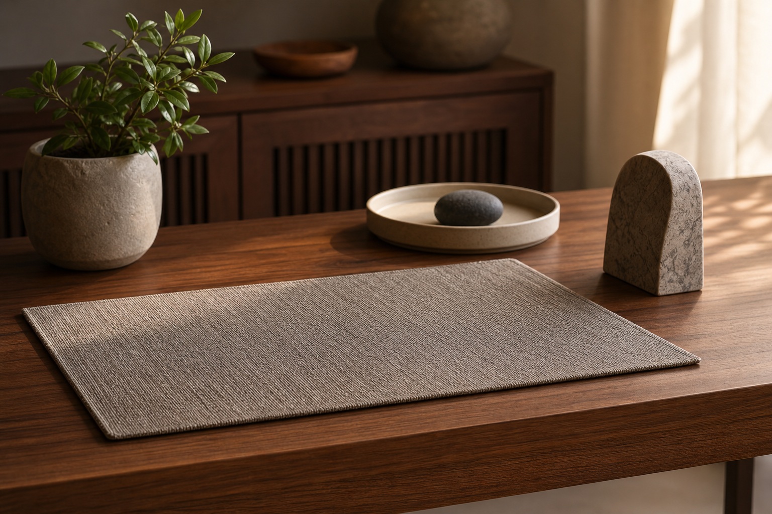 Minimal walnut desk with plant, tray, and desk accessories in a screen-free workspace