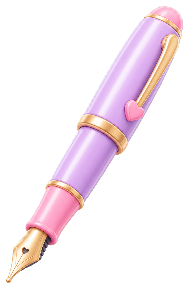 Pink and purple fountain pen sticker with gold trim and a small heart detail
