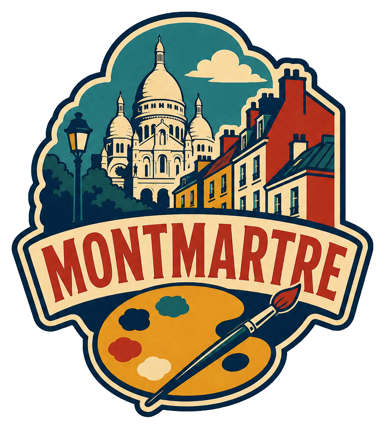 Vintage Montmartre sticker with Paris buildings, a cathedral, and an artist palette