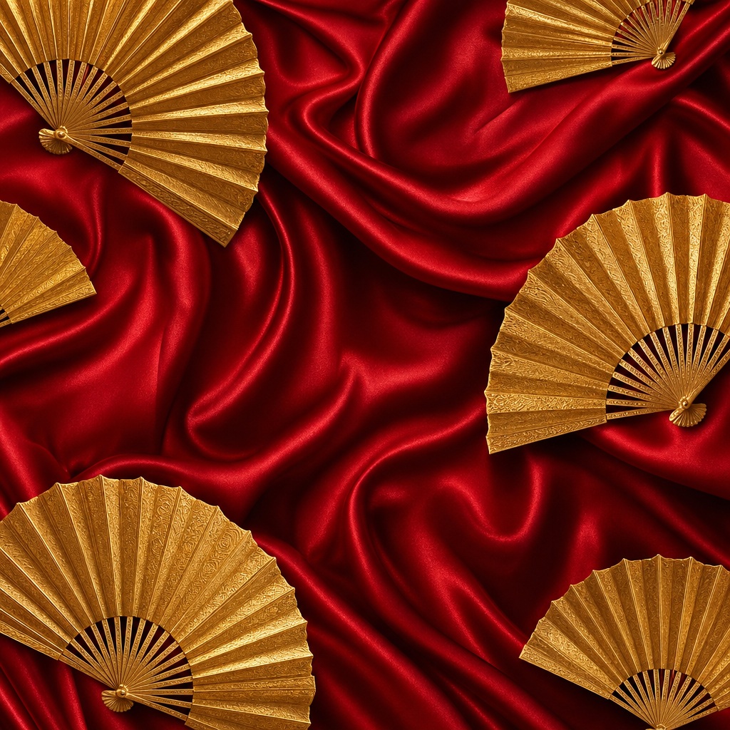 Red silk texture with scattered gold folding fans on a festive abstract background.