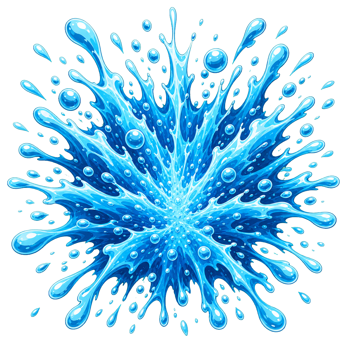 Bright blue water splash burst with droplets radiating outward
