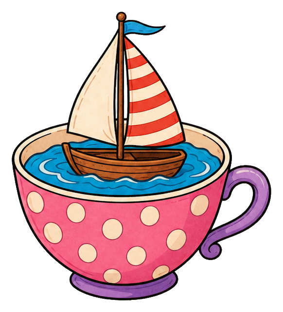A pink polka dot teacup shaped like a sailboat with striped sail and blue water inside
