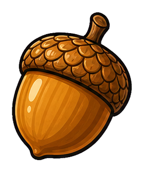 Illustrated brown acorn with a textured cap and glossy highlights.