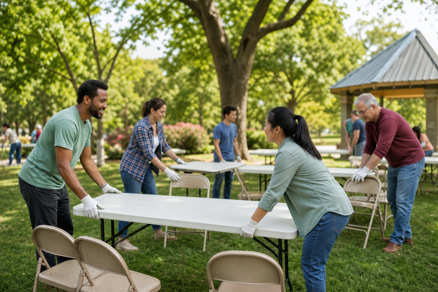 Volunteers carrying folding tables in a park near trees and a gazebo.