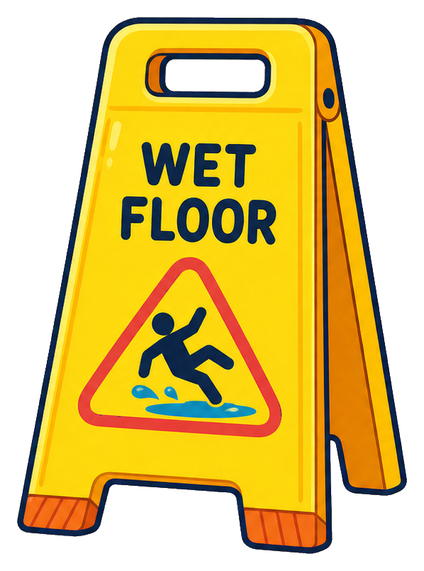 Yellow wet floor sign with bold text and slipping person icon