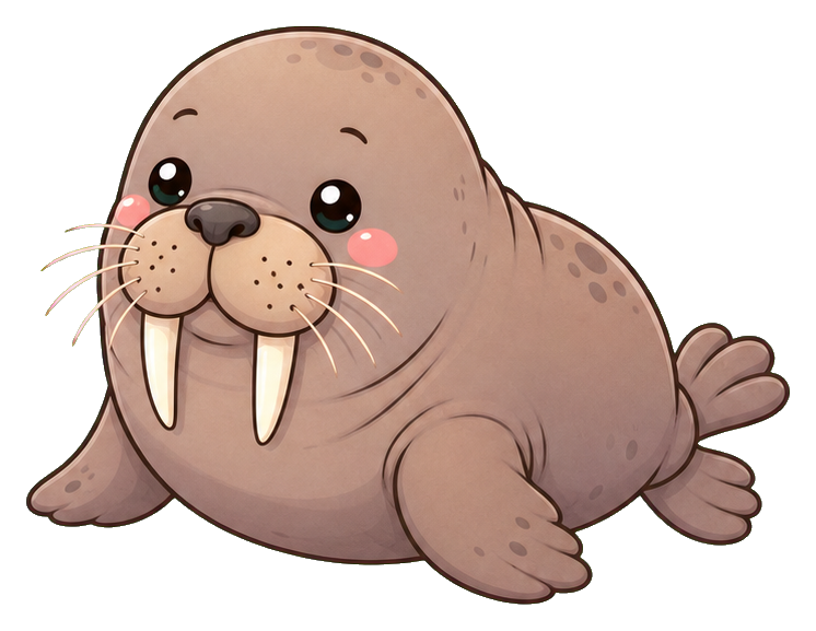 Cute pastel walrus sticker with blush cheeks and small tusks lying down.