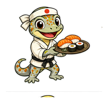 Cartoon lizard in a chef hat and uniform holding a tray of sushi.