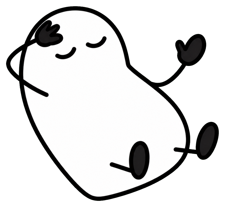 White cartoon character fainting with closed eyes and raised hands and feet.