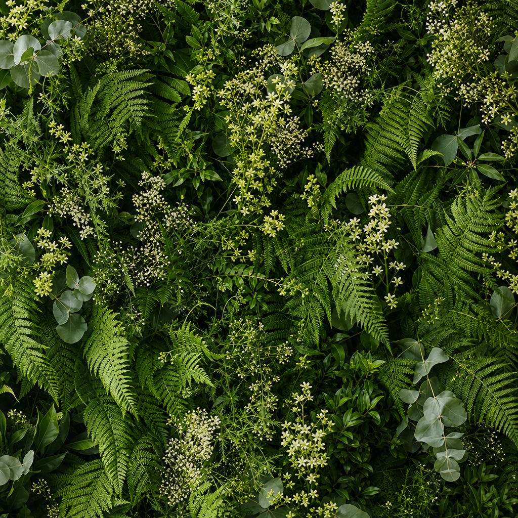 Dense green fern and eucalyptus leaves forming a square wedding texture background.