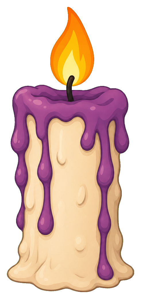 A spooky melted purple candle with a bright flame.