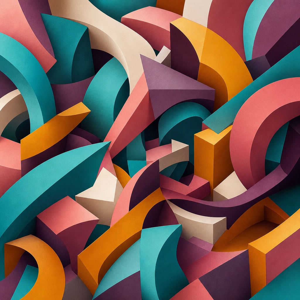 Colorful 3D geometric abstract shapes in turquoise, marigold, rose, and purple with curved angular forms