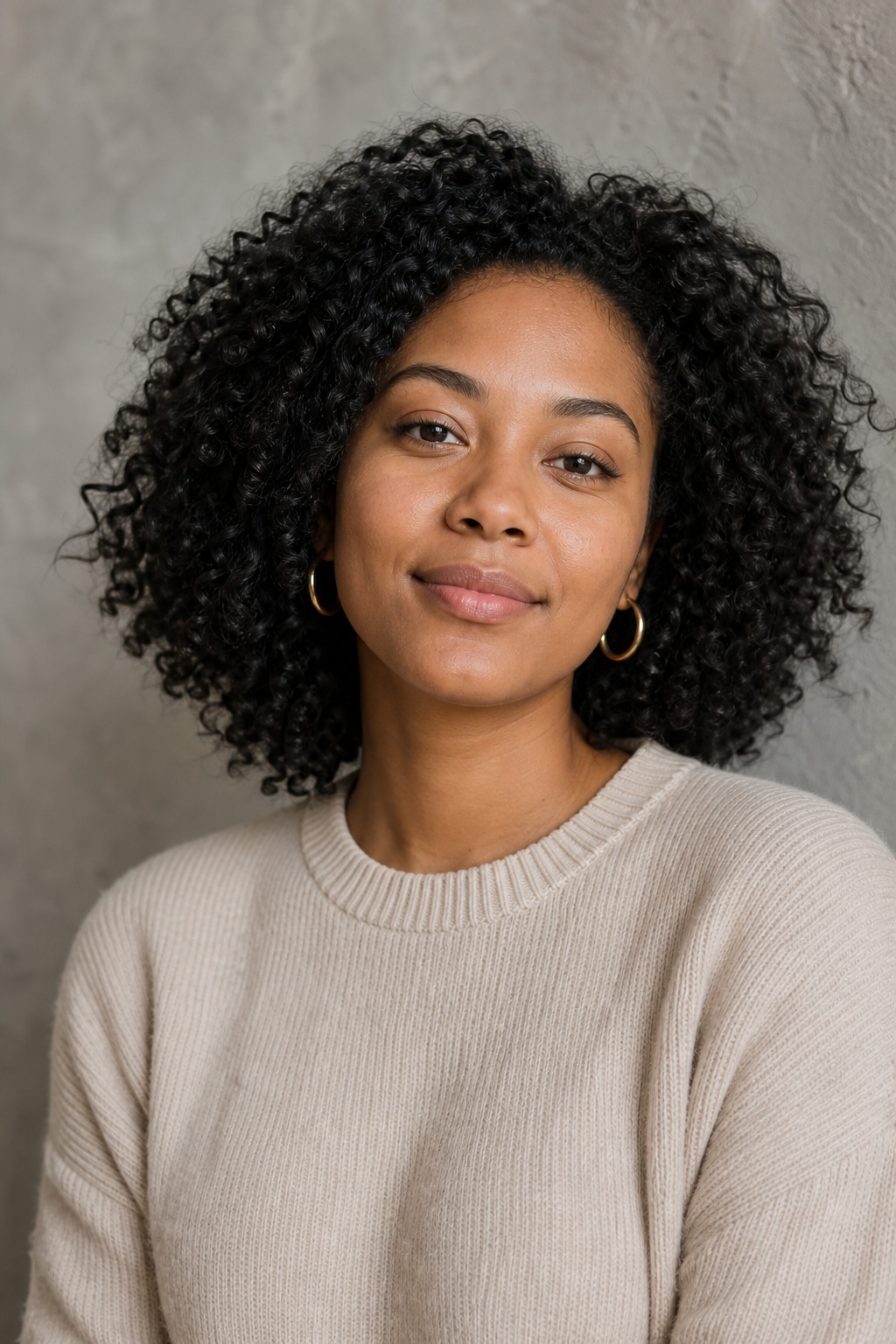 Woman with curly hair wearing a beige sweater against a gray studio backdrop