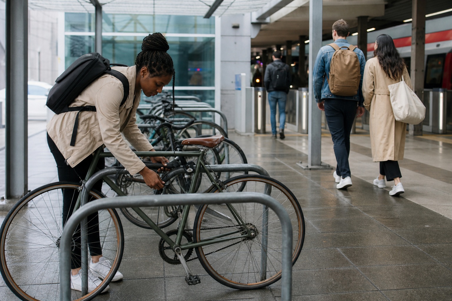 Commuter locking a bicycle at a station bike rack beside other travelers