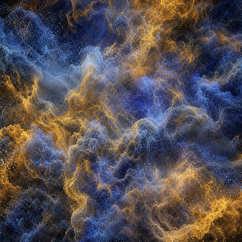 Gold and indigo abstract particle clouds forming a turbulent pattern