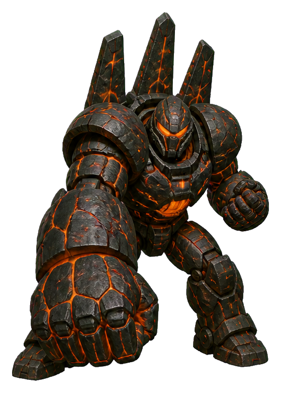 Armored lava robot with glowing cracks in a crouched punching pose