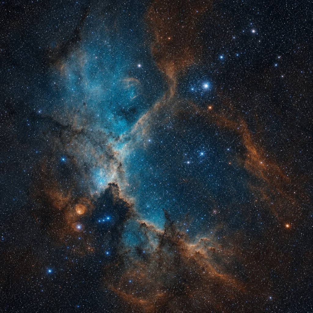 Square astrophotography-style view of a Milky Way nebula and bright starfield.