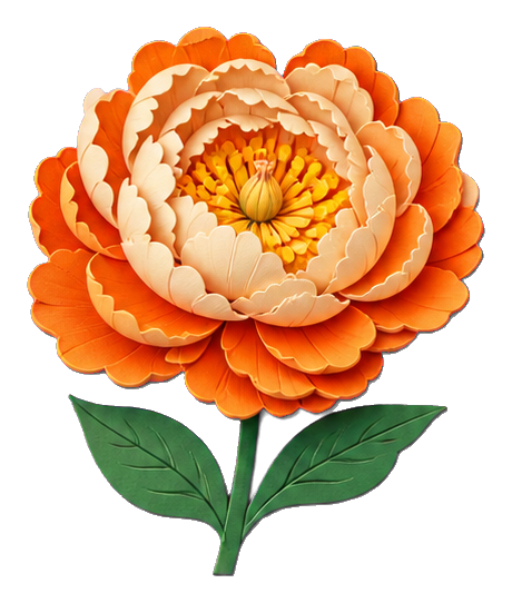 Orange layered paper peony flower with green leaves and stem
