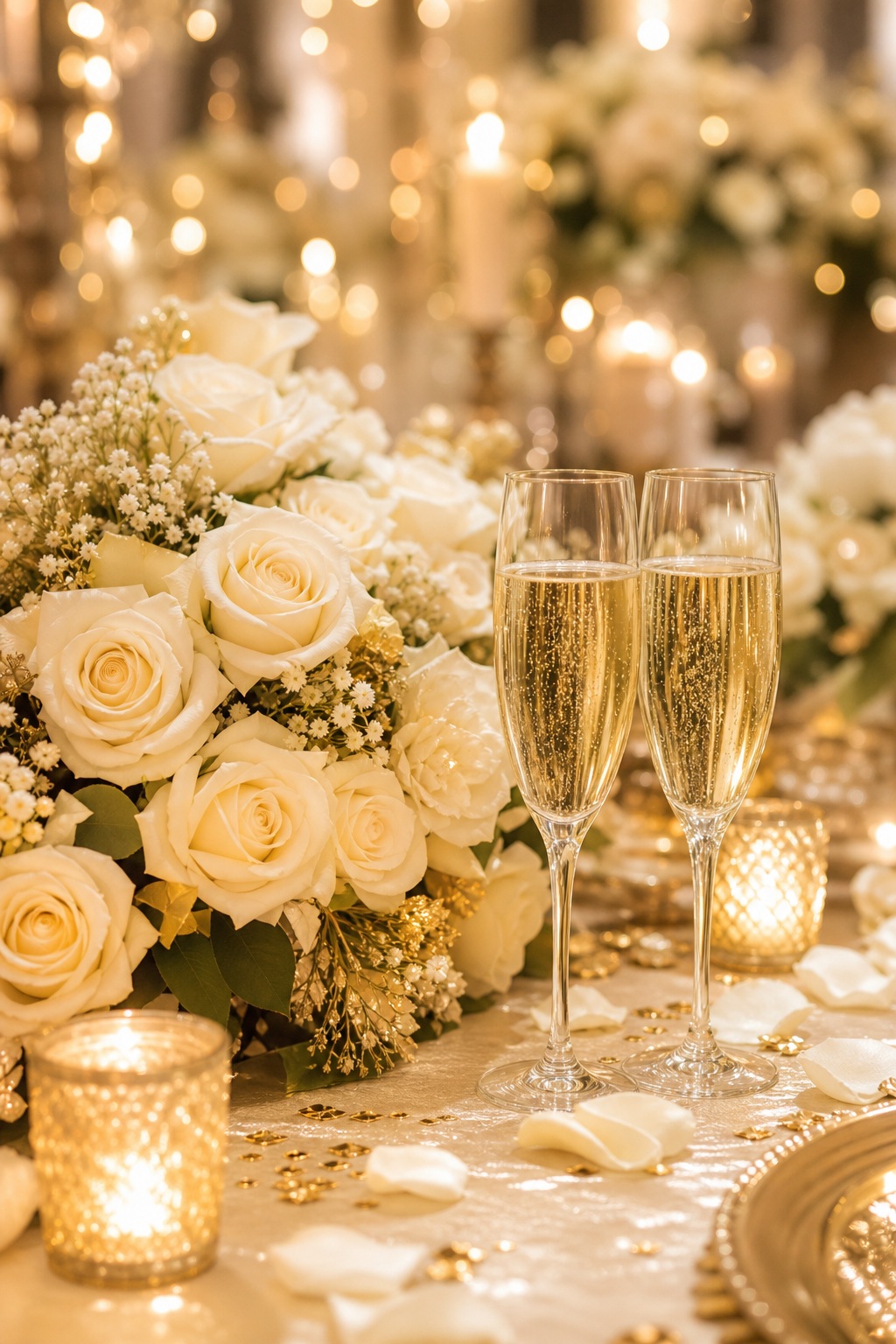 Champagne flutes beside cream roses and glowing candles on an elegant table