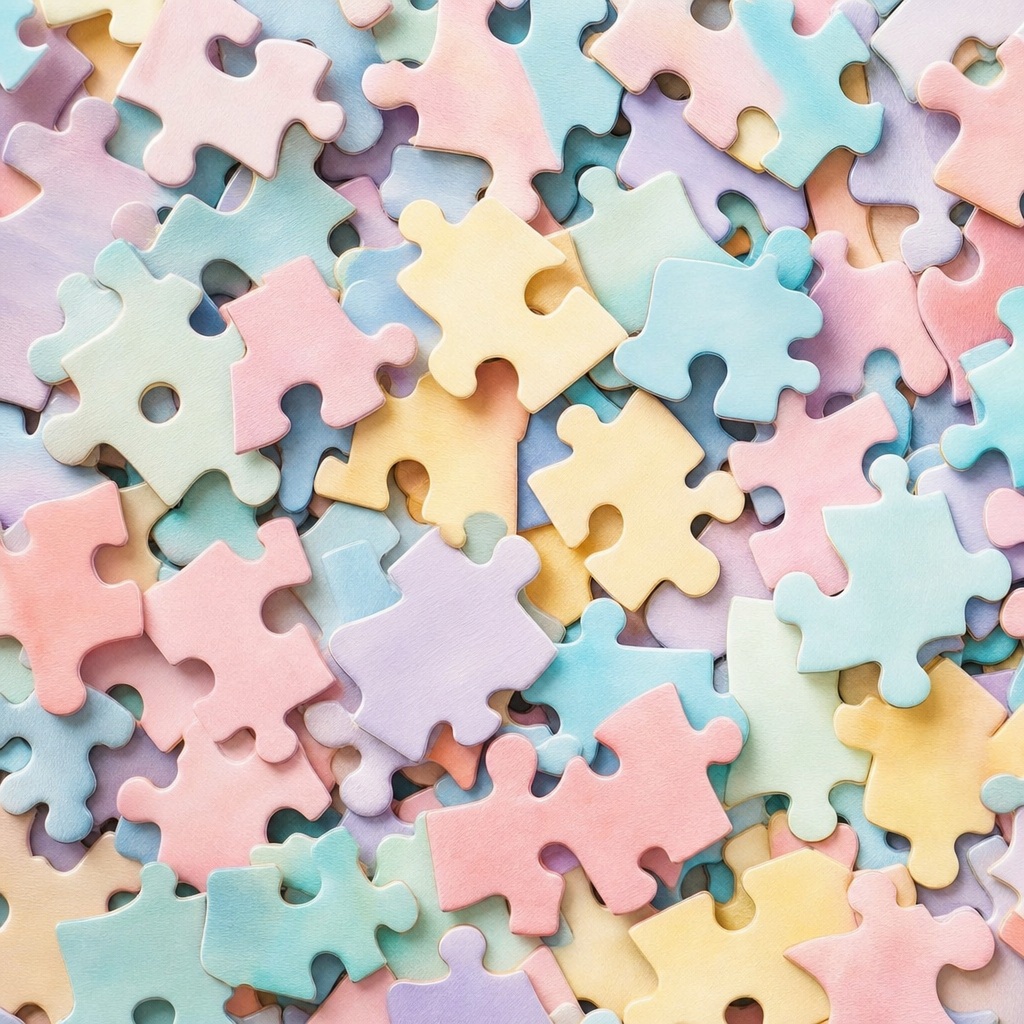 Scattered pastel jigsaw puzzle pieces forming a soft abstract background