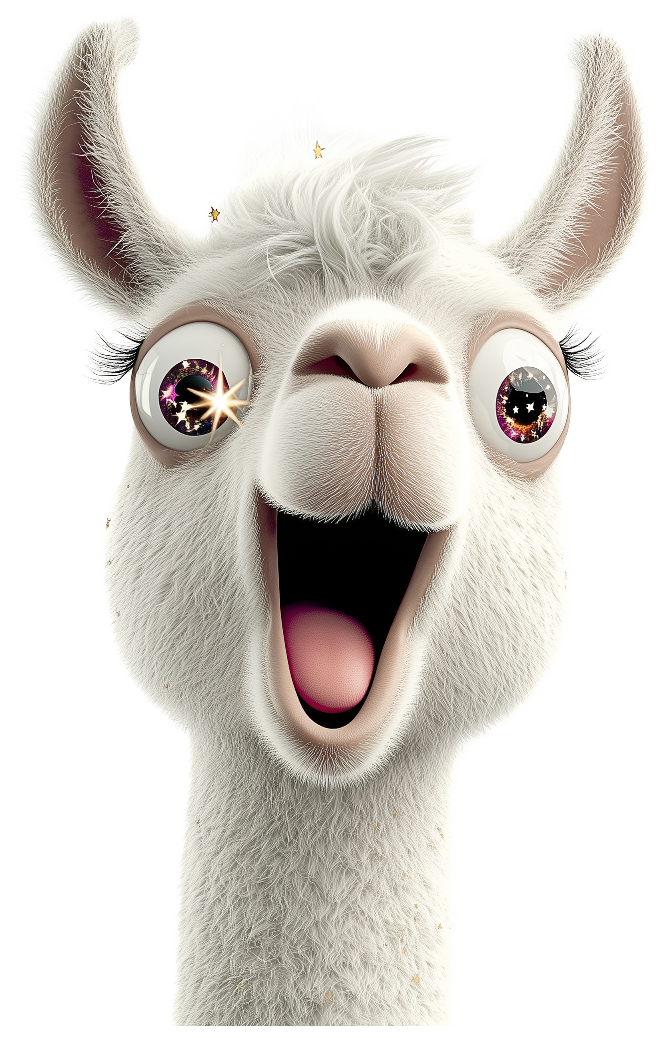 Cute 3D llama head with big eyes and open mouth as a sticker
