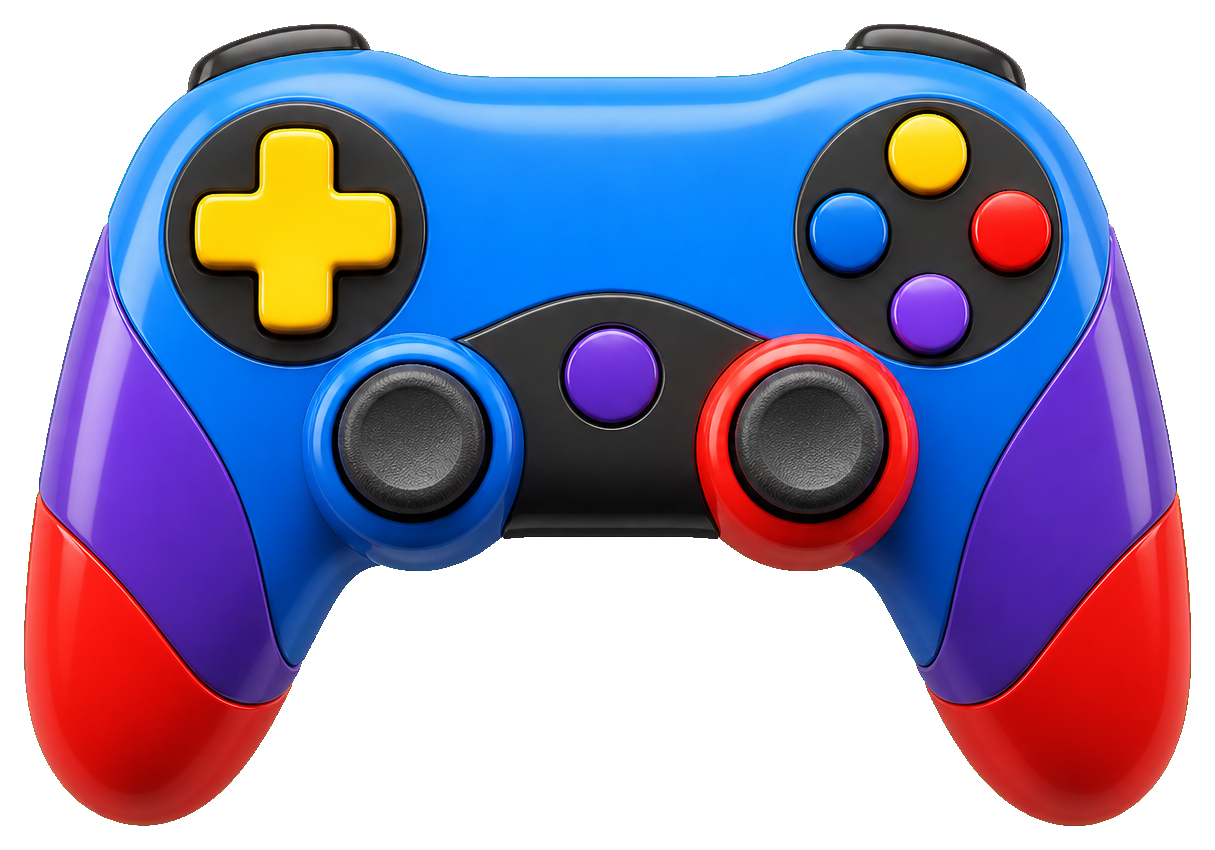 Colorful video game controller sticker with bright buttons and black analog sticks