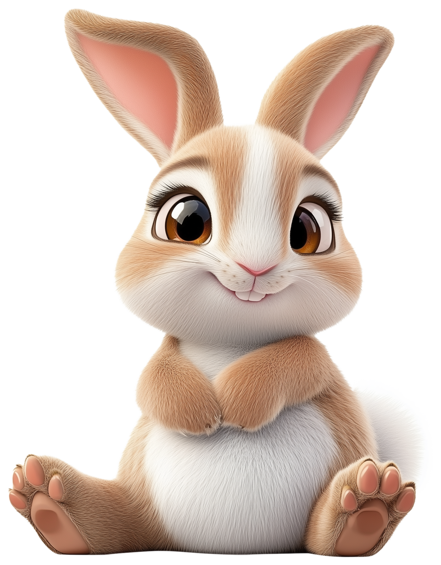 Cute 3D cartoon rabbit sitting front-facing with big ears and paws together.