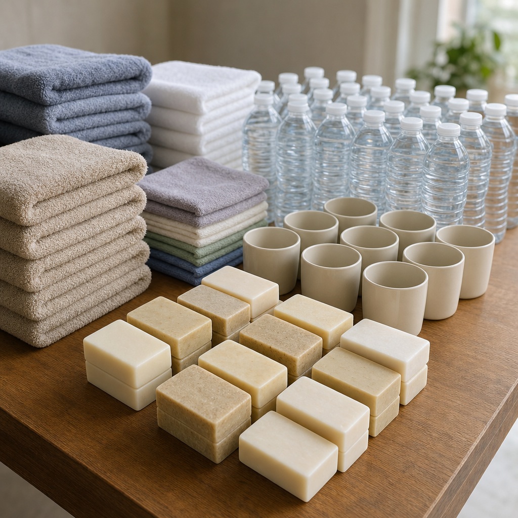 Folded towels, water bottles, cups, and soap bars arranged on a wooden table