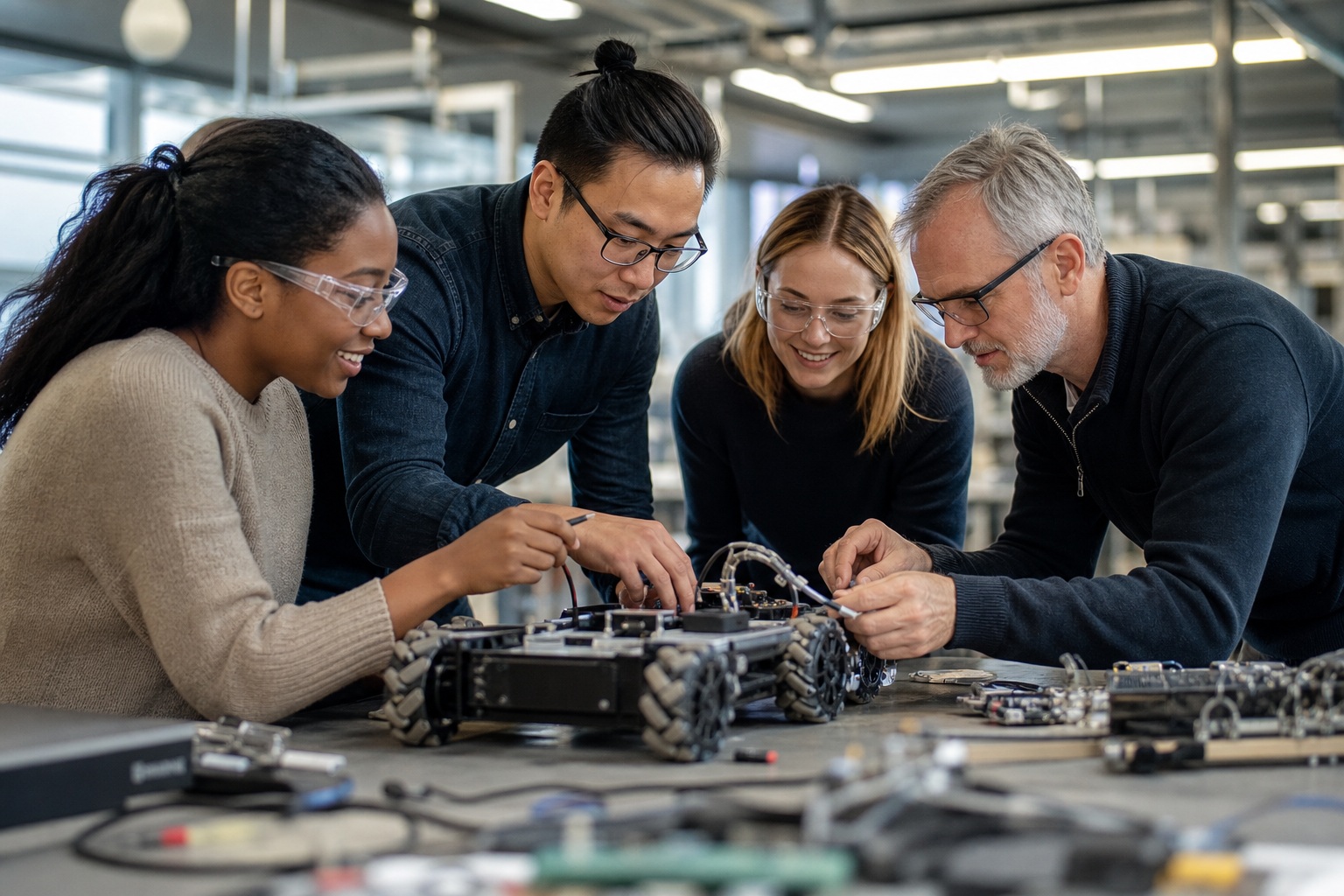 Four people collaborating around a robotics project in a bright workshop
