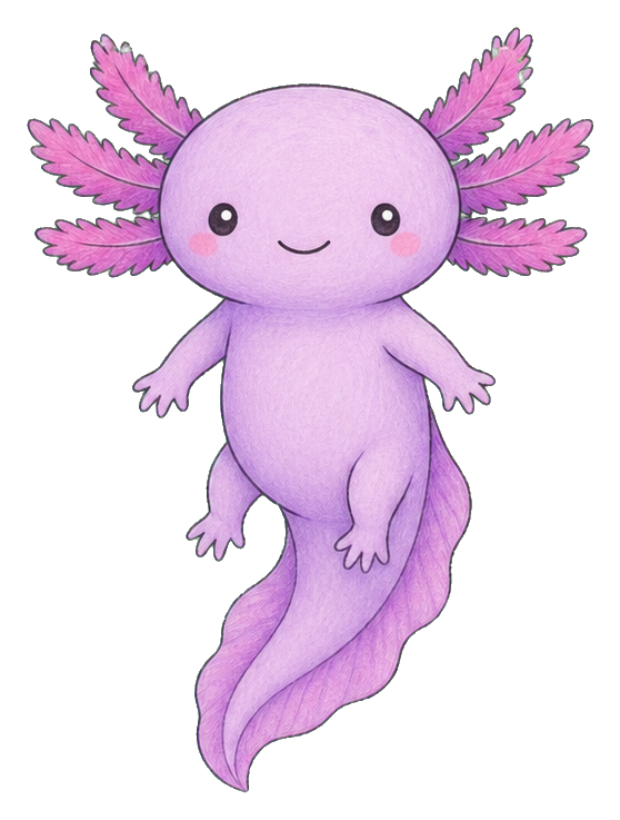Cute purple smiling axolotl sticker with frilled pink gills.