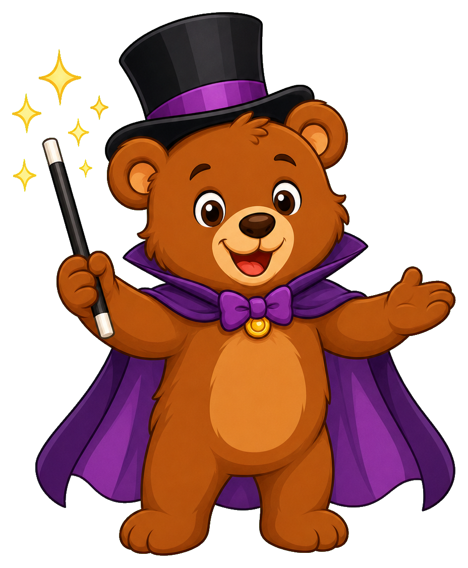 Cute brown bear wearing a purple magician cape and top hat, holding a wand.