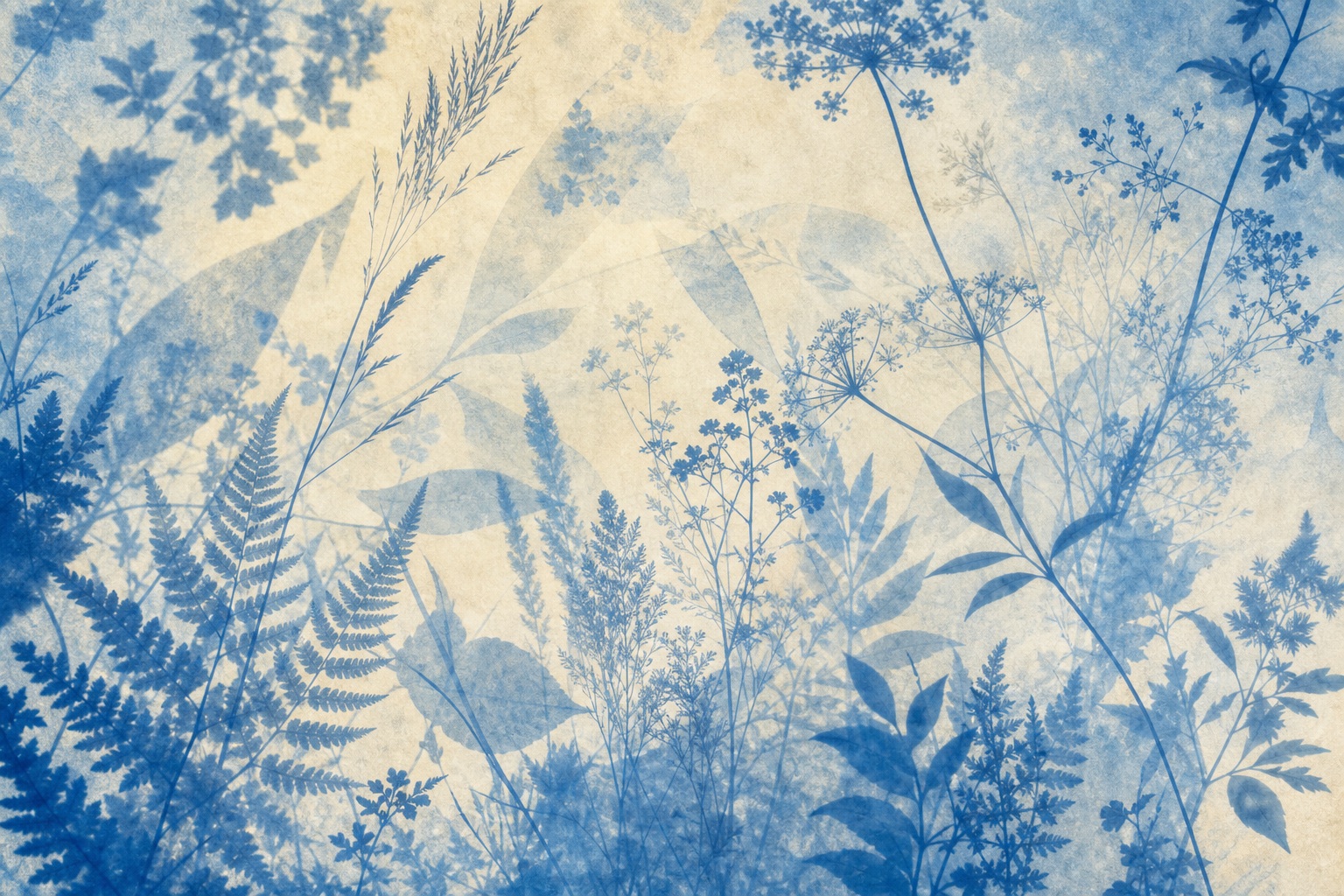 Blue botanical silhouettes and leaf shadows in a repeating cyanotype-style pattern.