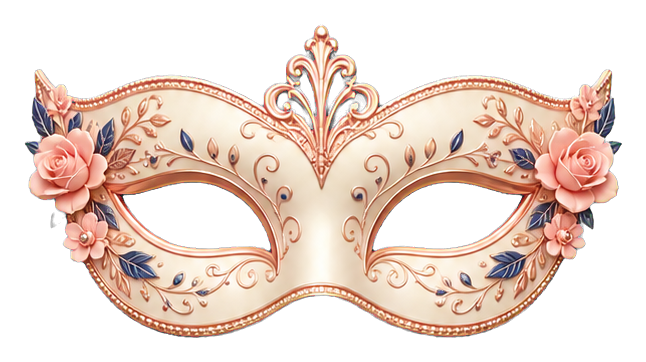 Ornate peach and gold masquerade mask with floral accents and curling details