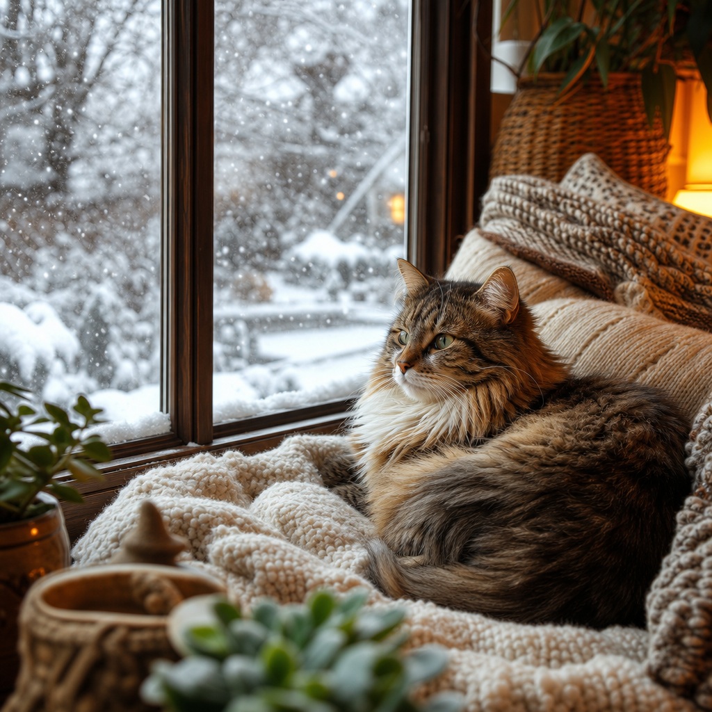 Fluffy cat resting on a blanket by a window with snow outside and warm light inside.