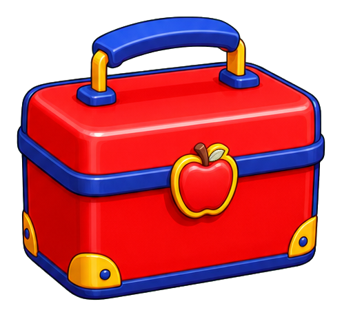 Red lunchbox with a yellow apple emblem on the front and blue handle and trim